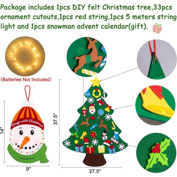 3ft DIY Lighted Felt Christmas Tree Set Plus Snowman 33 Ornaments Kids Gift - Picture 4 of 10